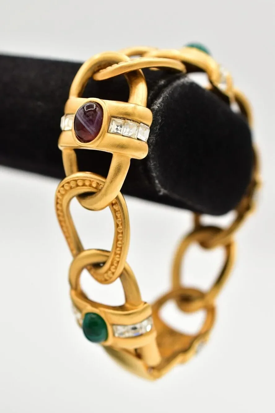 Givenchy Vintage Cabochon Bracelet Multi-Color Brushed Gold Crystal Signed BinAD